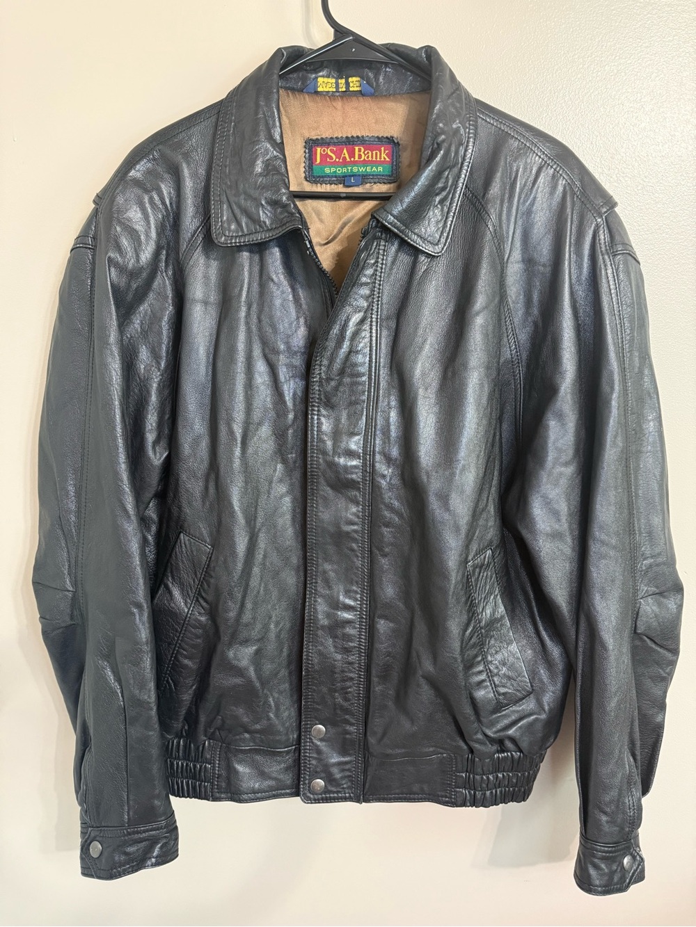 Jos. A. Bank Sportswear Vintage Black Leather Bomber Jacket Brown Lining Men's L